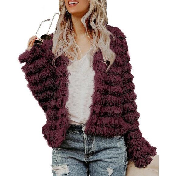 Women's Wine Red Inorin Faux Fur Coat Open Front Shaggy Cardigan Vintage Jacket - Picture 1 of 5